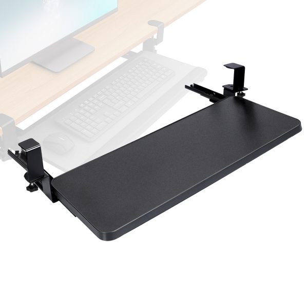 19caf2e1-e782-4d3e-8f62-1361d3d686ab.jpg 1Pc 25.59x9.64x0.51in Keyboard Mouse Tray Under Desk Retractable Slide Out Drawer Height Adjustable With C Clamp 55LBS Load