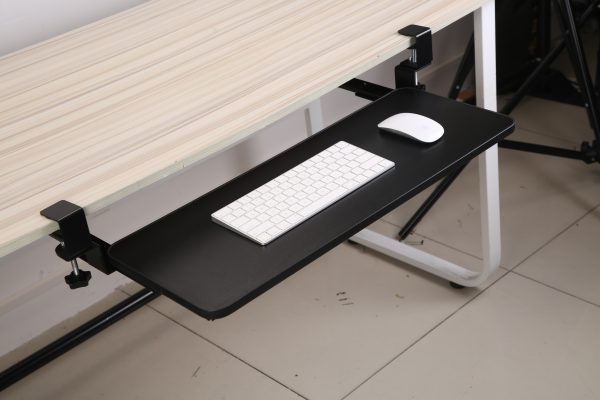 2435af22-be39-4b1c-9915-423c5485899a.jpg 1Pc 25.59x9.64x0.51in Keyboard Mouse Tray Under Desk Retractable Slide Out Drawer Height Adjustable With C Clamp 55LBS Load