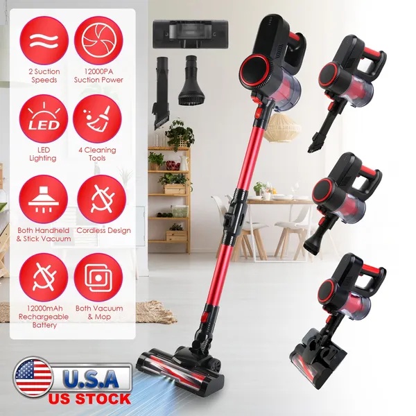 5d4bcea9-8eb7-4b01-981f-90021a1d39d8.jpg Cordless Vacuum Cleaner Lightweight Handheld Vacuum Upright Stick Floor Vacuum Battery Powered Mop With Lighting 2 Speeds 12000PA Suction 4 Tools Mount Bracket 180° Foldable