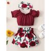 3pcs Summer Baby Outfit Set Short Sleeve Solid Color Top Shirts & Floral Short Shorts & Headband Clothes