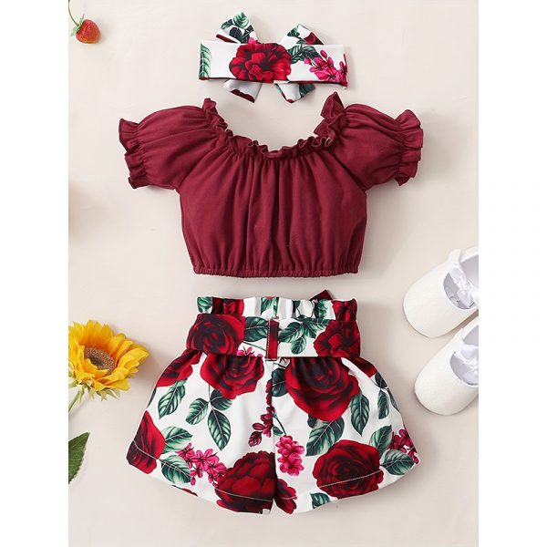 3pcs Summer Baby Outfit Set Short Sleeve Solid Color Top Shirts & Floral Short Shorts & Headband Clothes