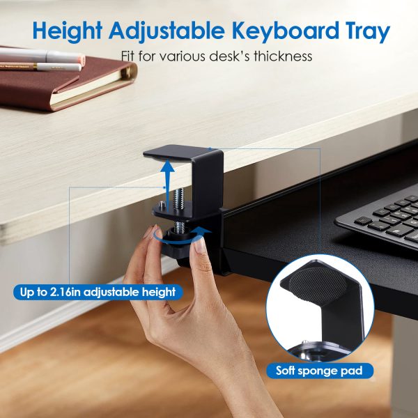 624a21dd-7ac0-4870-a831-8e5576e66e40.jpg 1Pc 25.59x9.64x0.51in Keyboard Mouse Tray Under Desk Retractable Slide Out Drawer Height Adjustable With C Clamp 55LBS Load