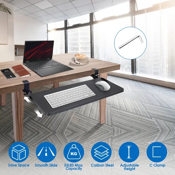 8c391c3e-28e9-4358-b806-04b77c73d77f.jpg 25.59x9.64x0.51in Keyboard Mouse Tray Under Desk Retractable Slide Out Drawer Height Adjustable With C Clamp 55LBS Load