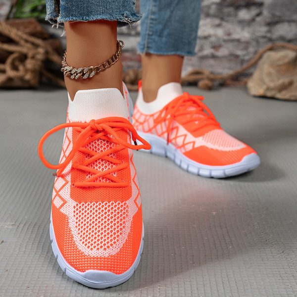 Colorblock Plaid Lace-Up Flyknit Sneakers Ins Mesh Casual Shoes Fashion Breathable Walking Running Sports Shoes For Women