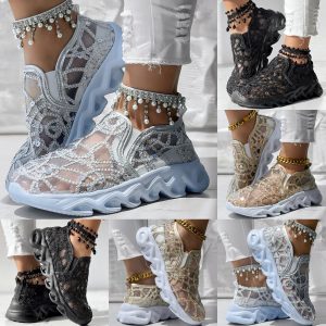 Contrast Glitter Transparent Mesh Patch Breathable Sneakers - Without Ankle Strap
