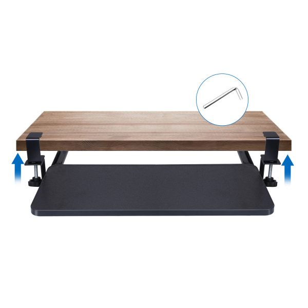 a601ef22-83cc-4bd2-8ecb-d1dc44f8c6c9.jpg 1Pc 25.59x9.64x0.51in Keyboard Mouse Tray Under Desk Retractable Slide Out Drawer Height Adjustable With C Clamp 55LBS Load