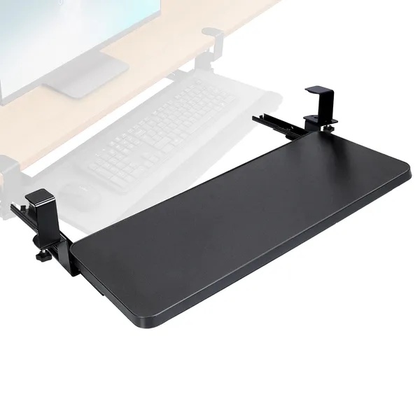 b83a7792-a25d-47a1-8784-e97eac1f533c.jpg 25.59x9.64x0.51in Keyboard Mouse Tray Under Desk Retractable Slide Out Drawer Height Adjustable With C Clamp 55LBS Load