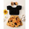 3pcs Summer Baby Outfit Set Short Sleeve Solid Color Top Shirts & Floral Short Shorts & Headband Clothes