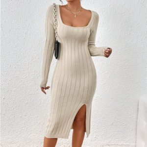 Square Collar Long Sleeve Knitted Dress Women