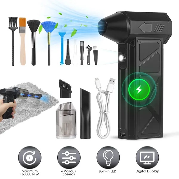c8533e15-3b6b-4e1d-9159-b96dd8754593.jpg 1Pc Compressed Air Duster With LED Light Vacuum Cleaner Max 160000RPM Speed For PC Keyboard Cleaning High Speed Rechargeable Cordless Air Blower With 4 Speeds For Home Car Outdoor