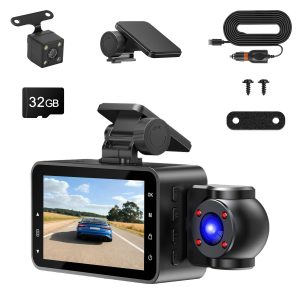 WiFi FHD 1080P 3 Channel Car Dash Cam Front Rear Inside With 32G MMC Card Motion Detection Loop Recording Infrared Night Vision Surveillance Car Camera With App Control