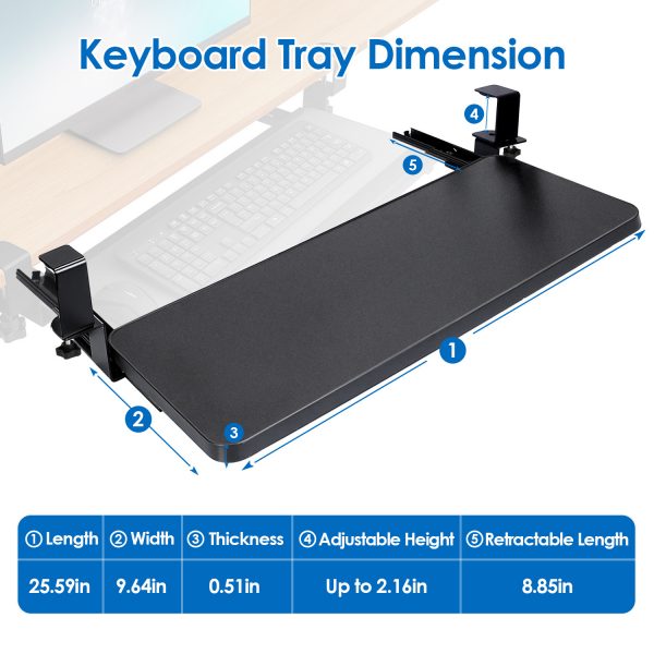 d70d2c1f-1348-41b5-8a38-6a7226736501.jpg 1Pc 25.59x9.64x0.51in Keyboard Mouse Tray Under Desk Retractable Slide Out Drawer Height Adjustable With C Clamp 55LBS Load