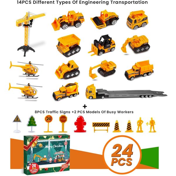 Advent Calendar Christmas Countdown Calendar For Kids, 24PCS Cartoon Engineering Vehicle Playset, Christmas Gifts Toys For 6  Year Old Boys And Girls