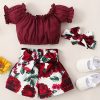 3pcs Summer Baby Outfit Set Short Sleeve Solid Color Top Shirts & Floral Short Shorts & Headband Clothes