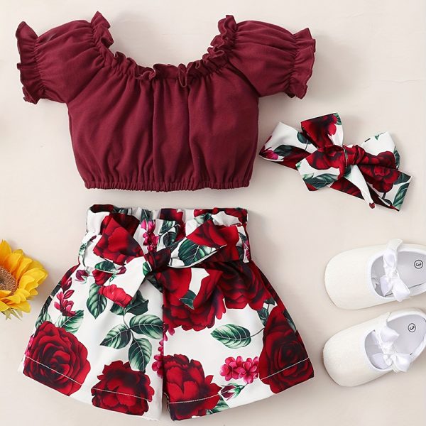3pcs Summer Baby Outfit Set Short Sleeve Solid Color Top Shirts & Floral Short Shorts & Headband Clothes