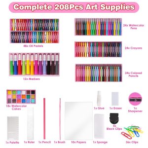 208Pcs Drawing Art Kit Art Supplies For 3 To 12Years Old Girls Boys Art Storage Box With Double Sided Trifold Easel Oil Pastels Crayons Colored Pencils Watercolors Pens Markers Gift For Kids