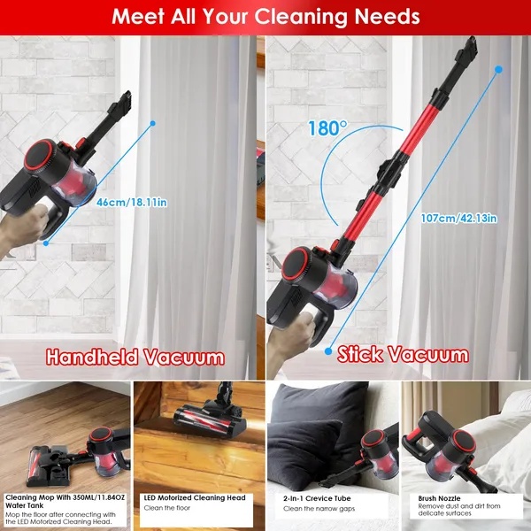 e80908e6-8929-4e9a-9911-1ed94a7c5c15.jpg Cordless Vacuum Cleaner Lightweight Handheld Vacuum Upright Stick Floor Vacuum Battery Powered Mop With Lighting 2 Speeds 12000PA Suction 4 Tools Mount Bracket 180° Foldable